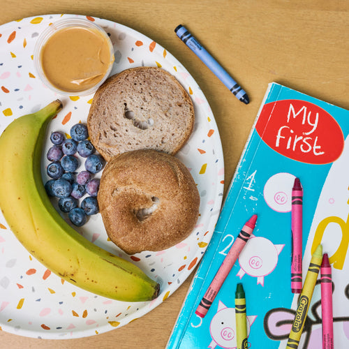 Kids Breakfast with Plant Based Bagels, peanut butter, banana and blueberries