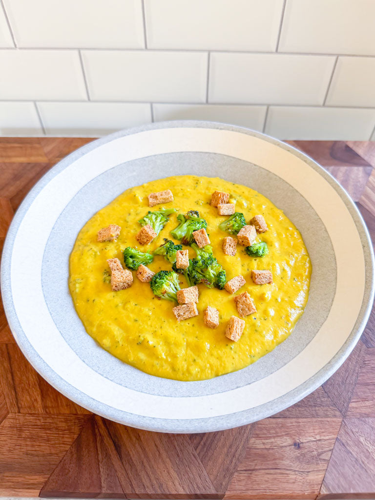 Vegan Broccoli Cheddar Soup with Low Carb Croutons Recipe